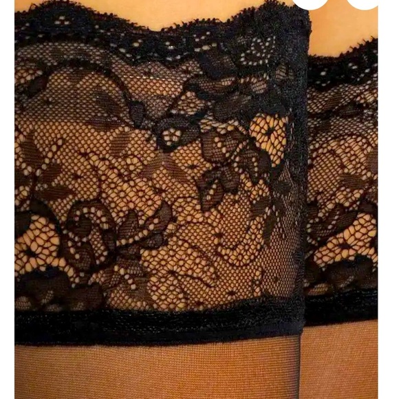 Donna Karan Hosiery Signature Sheer Black Satin Thigh Highs lace Style-0B273 P/S - Picture 8 of 11